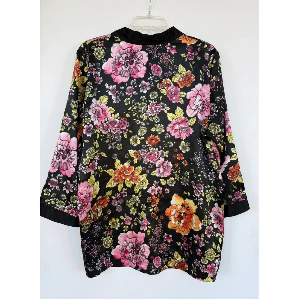 Morgan Taylor Large Silky Satin Black Floral Pajama Set PJ'S Fairy Garden Whimsy